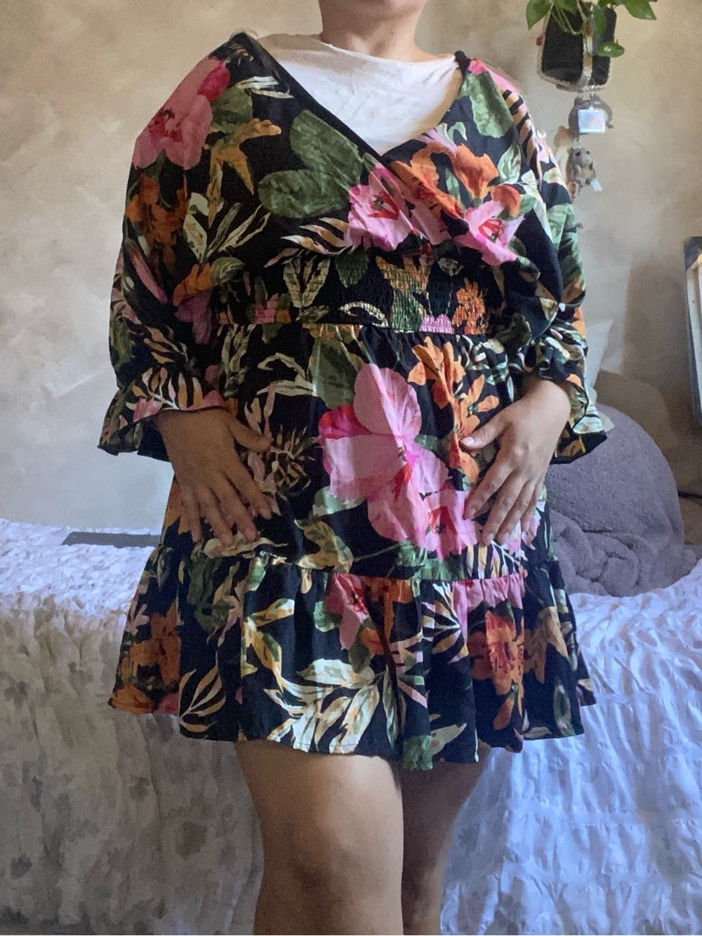 Floral Ruffle Hem Women’s Dress - Black with Pink & Green Floral